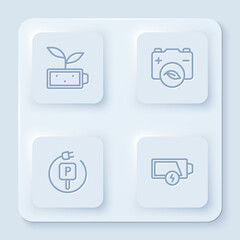 Set line Eco nature leaf battery, Charging parking electric car and Low. White square button. Vector
