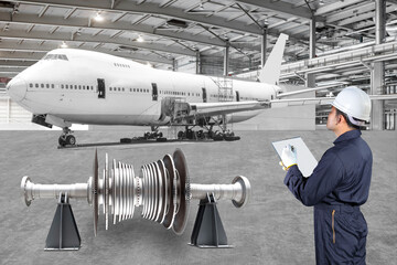 Engineer maintenance record an airplane are performing repairs, modernization and renovation in the...