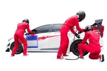 Pit stop with team maintaining technical service for a racing car during competition event isolated...