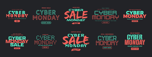 Cyber Monday Sale Vector Banner Set Modern Typography Design Isolated On Black Background. Shop Now Button Typographic Template Sales Seasonal Offers Red Cyan Illustration. Only Today Big Mega Sale - Powered by Adobe