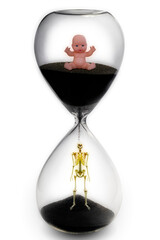 Hourglass with baby and skeleton metaphor of time passing concept for life cycle and aging process....