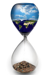 Metaphor of Global pollution in hourglass against blue sky. half the planet is filled with garbage. environmental protection concept. Elements of this image furnished by NASA