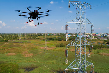 Drone stringing transmission lines for installation of electrical high power. stringing via our...