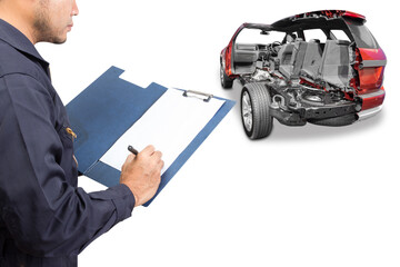 Auto mechanic repairing record with cross section car in white background of garage repair service