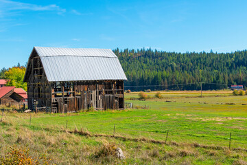 A rundown vintage rustic barn with metal roof in the rural mountain town of Athol, in the Coeur d'Alene, Idaho area of Northwest, USA