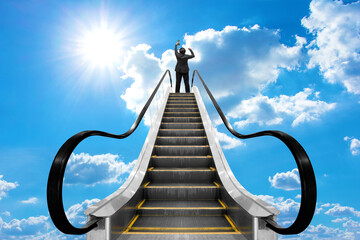 Businessman who use escalator to success shortcut to success on blue sky