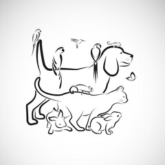 Vector group of pets - Dog, Cat, Parrot, Rabbit, Butterfly, Hummingbird, isolated on white background. Pet. Animals. Easy editable layered vector illustration. Pet group.