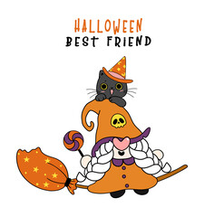 Cute friendship Witch Gnome and happy black cat Halloween Best Friend, cartoon character doodle hand drawn outline