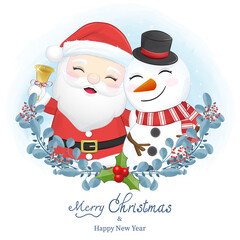 Cute Santa claus and snowman with wreath christmas, Christmas watercolor illustration.