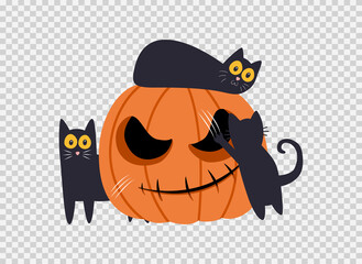 Halloween party banner with smile pumpkin and cute cats isolated  on png or transparent, blank space for text,element template for poster,brochures,online sale marketing  advertising,vector