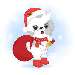 Cute cat and gift bag Christmas season illustration