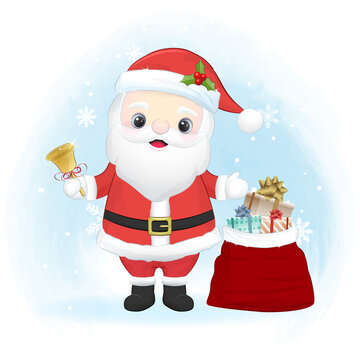 Cute santa claus and gift bag. Christmas season illustration.