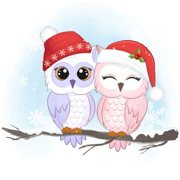 Cute couple owl in winter, Christmas season illustration.