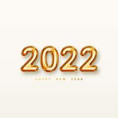 2022 Happy new year. Golden 3d realistic metal foil number. Celebrate party 2022. Festive poster, banner, flyer, layout, greeting card design
