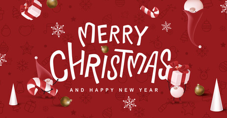 Naklejka premium Calligraphy Merry Christmas banner with cute gnome and festive decoration for christmas