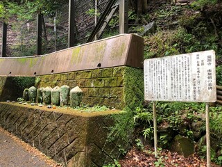 静岡県伊豆市大平の旭滝遊歩道にある虚無僧の墓標「卵搭」七基です。廃宗となった普化宗（編み笠をかぶり尺八を吹奏しながら行脚する虚無僧の宗派）の瀧源寺があったそうです。尺八本曲『滝落』はここで作られた尺八の名曲です。