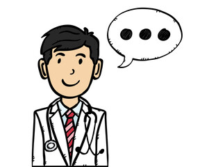 Doodle vector illustration of doctor with comic book talking cloud. Colorful hand drawn illustration. Isolated object on white background.