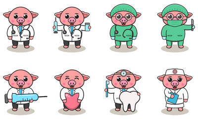 Vector illustration of Cute Character Cartoon of Pig Doctor. Good for label, sticker, clipart. white isolated background