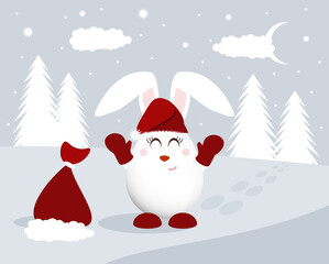 Happy Christmas bunny wearing a Santa Claus hat with a bag of gifts against the backdrop of a winter Christmas night landscape on Christmas Eve. Vector illustration in flat style