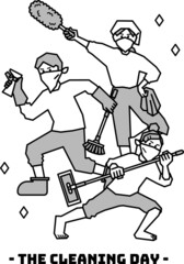 掃除道具を持ってポーズを決める人