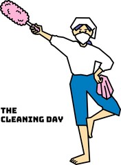 掃除道具を持ってポーズを決める人