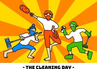 掃除道具を持ってポーズを決める人