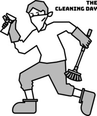 掃除道具を持ってポーズを決める人