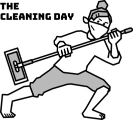 掃除道具を持ってポーズを決める人