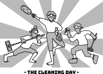 掃除道具を持ってポーズを決める人