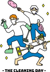 掃除道具を持ってポーズを決める人