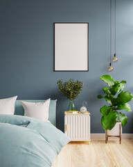 Mock up frame in bedroom interior dark blue background.
