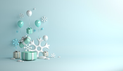Winter decoration background with balloon, snowflakes, gift box, copy space text, 3D rendering illustration