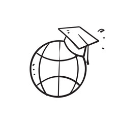 hand drawn doodle globe and graduation hat symbol for international education online icon