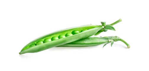Fresh green pea pod with beans isolated on white background.