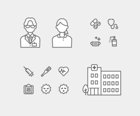 病院・医師・看護師と医療関連アイコンのセット