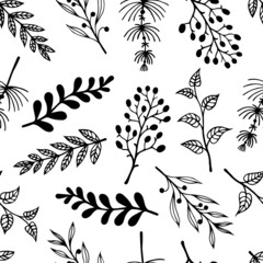 Twigs and field herbs seamless vector pattern. Hand-drawn doodles on a white background. Botanical sketch. Branches with leaves and berries, herbs with seeds. Black and white natural concept.