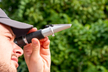 the winemaker looks at the refractometer to determine the sugar content of grape juice