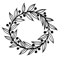 Wreath of branches, leaves and berries vector icon. Hand drawn doodle isolated on white background. Holly twigs, veined leaves and round fruits. Christmas garland. Monochrome festive concept.
