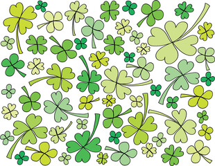 Color vector shamrock pattern. Bright green four leaf clovers isolated on white background, simple cartoon illustration.