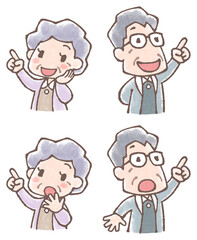 老夫婦の指差しイラストセット水彩風