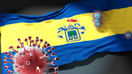 Covid in Guadalajara Mexico - coronavirus attacking a city flag of Guadalajara Mexico as a symbol of a fight and struggle with the virus pandemic in this city, 3d illustration