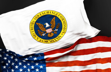 Flag of the United States Securities and Exchange Commission along with a flag of the United States of America as a symbol of a connection between them, 3d illustration