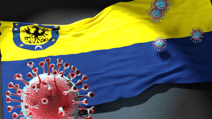 Covid in Concepcion Chile - coronavirus attacking a city flag of Concepcion Chile as a symbol of a fight and struggle with the virus pandemic in this city, 3d illustration