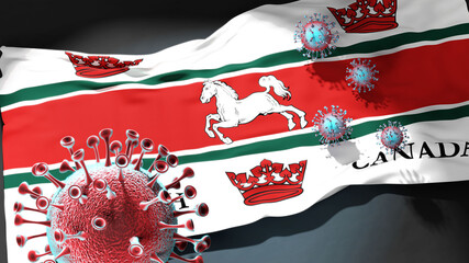 Covid in Guelph - coronavirus attacking a city flag of Guelph as a symbol of a fight and struggle with the virus pandemic in this city, 3d illustration