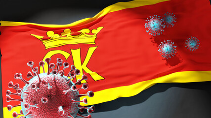 Covid in Kielce - coronavirus attacking a city flag of Kielce as a symbol of a fight and struggle with the virus pandemic in this city, 3d illustration