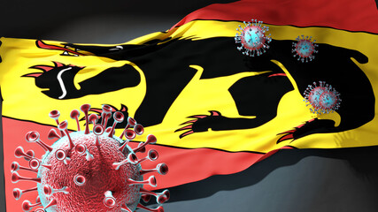 Covid in Canton of Bern - coronavirus attacking a city flag of Canton of Bern as a symbol of a fight and struggle with the virus pandemic in this city, 3d illustration