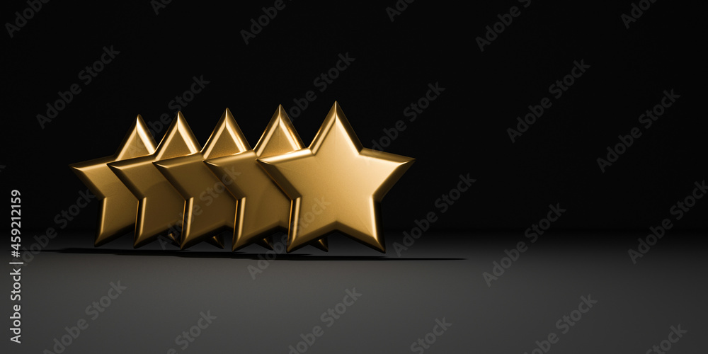 Poster five golden stars on black background for the best customer client evaluation for use product and se