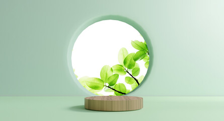 circle wood podium with minimal green leaf scene from circle window on green wall greenery and environmental product stage display by 3d rendering technique.