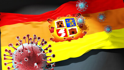 Covid in Andahuaylas - coronavirus attacking a city flag of Andahuaylas as a symbol of a fight and struggle with the virus pandemic in this city, 3d illustration