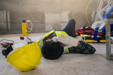 Employee builder accident in construction site work. Builder worker injured and wait for help....
